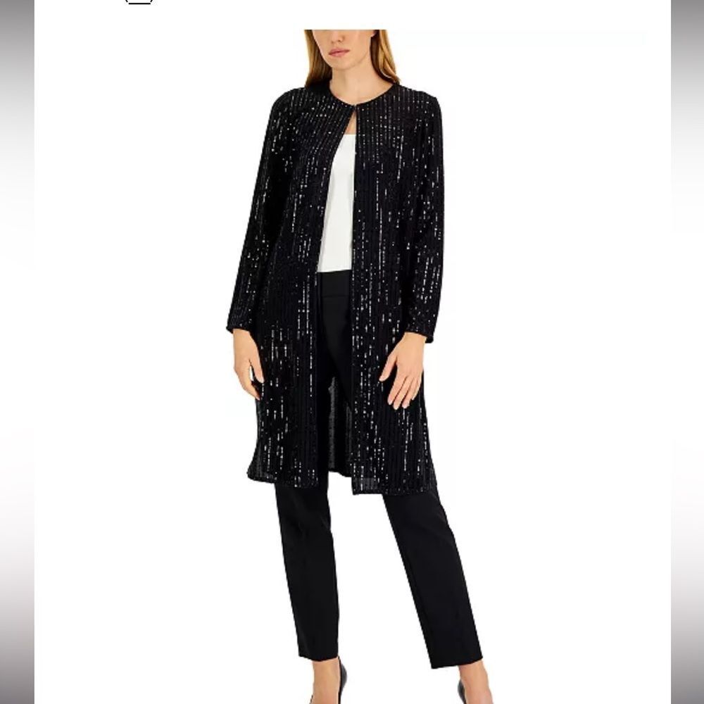 Anne Klein Black Sequin Longline Duster Cardigan NWT Evening Glam Holiday Party - Picture 14 of 16